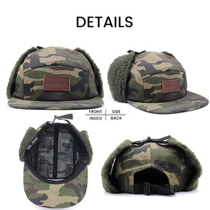 Tùy chỉnh da vá Logo Camo in Mũ mùa đông Mũ ấm, Lamb <span class=keywords><strong>Fleece</strong></span> Hat,5 Bảng điều chỉnh cap với Len Lông earflap - Product Image 2
