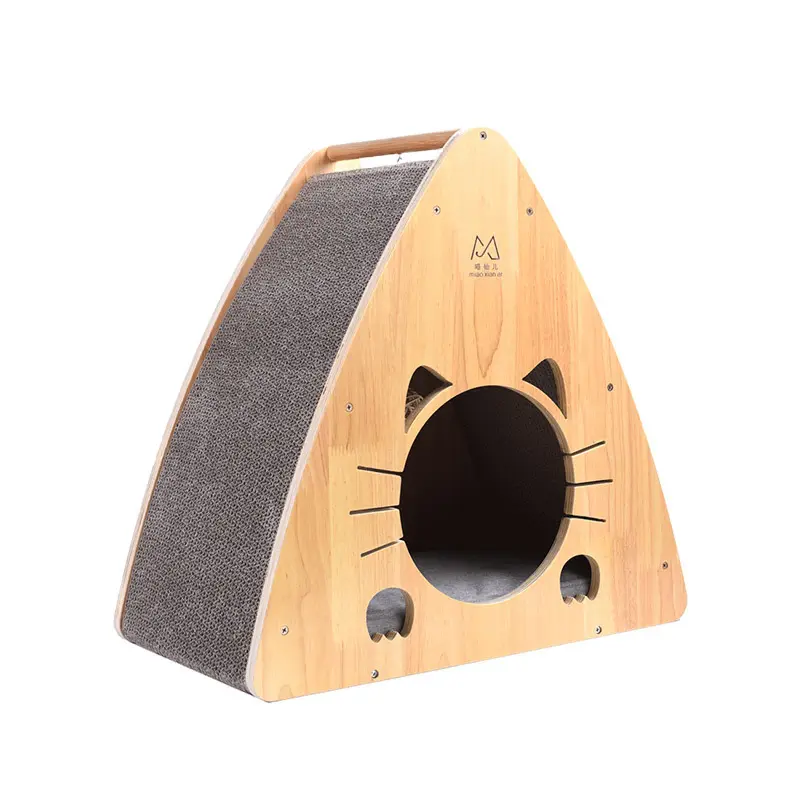 Casa de gato triangular de madeira, casa de gato criativa com arranhões de gato, suprimentos para animais de estimação