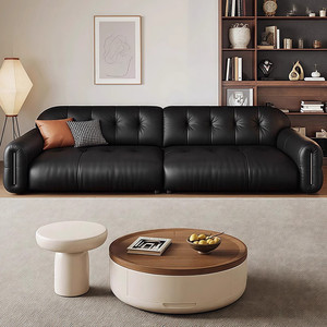 Modern minimalist black leather <b>sofa</b>, straight row design, mid-century Brownie style, suitable for large and <b>small</b> living rooms - Product Image 3