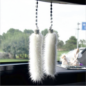 <b>Car</b> Mink Fur Pendant Rhinestone Encrusted Rearview Mirror <b>Ornament</b> Decorative Accessory White Fur Tassel Hanging Decor China - Product Image 1