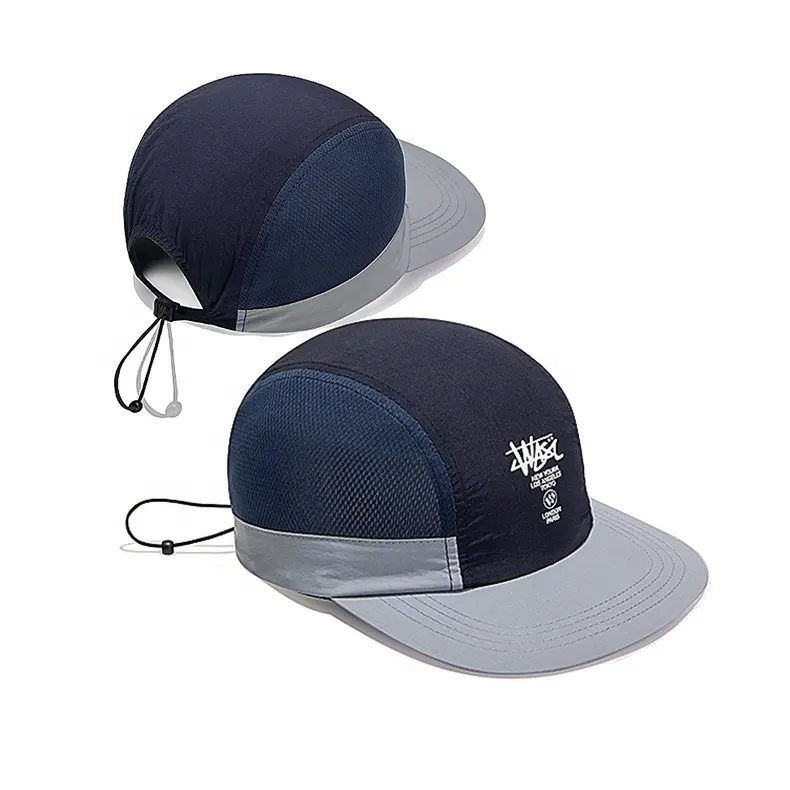 [Custom Logo] Lichtgewicht Nylon 5 Panel Mesh Snel Droog Kamp Hoed Met Trekkoord Lopen Wandelen Vissen Baseballpet