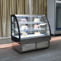 Réfrigérateur incurvé avec porte coulissante arrière pour vitrine à gâteaux de boulangerie, base en acier inoxydable avec éclairage LED intégré