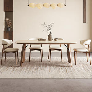 Table à manger ronde en bois massif de style vintage avec plateau en travertin pour salle à manger - Product Image 5