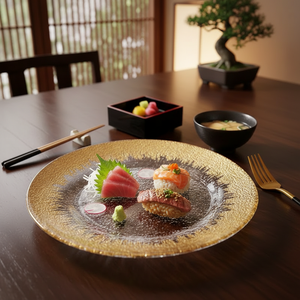 Plato <span class=keywords><strong>de</strong></span> cristal europeo Retro Occidental para el hogar, textura dorada dibujada a mano, plato <span class=keywords><strong>de</strong></span> fruta <span class=keywords><strong>de</strong></span> bistec cortado en frío ecológico para fiestas - Product Image 1