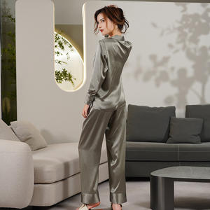 Pijama de satén de seda 100% de peso pesado para mujer 19 Mumi pantalones de solapa lisos de manga larga cintura elástica ropa de casa transpirable para otoño - Product Image 2