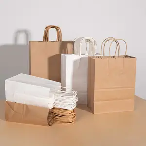 Bolsa de papel Kraft reciclable ecológica al por mayor, bolsa de papel marrón y blanco para aperitivos, pasteles de té lechoso, embalaje para comida para llevar