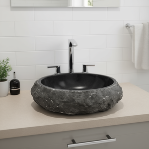 Lavabo de salle de bain rond en marbre noir 15,7x4,7 pouces, poli, à poser sur comptoir, design rustique - Product Image 2