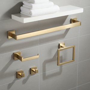 Juego de Toallero de Pared de Acero Inoxidable Dorado Cepillado Moderno, Accesorios de Baño, Ganchos Fijos, Diseño Cuadrado, 4 Piezas - Product Image 2