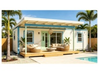 Casa Contenedor de Lujo, 1 Recámara, 1 Baño, Villa Tropical de Playa, Estuco Blanco, Detalles Azules, Puerta Verde Menta, Techo Plano, Terraza de Madera, Lista para Habitar