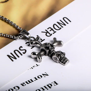 Double Skull <b>Cross</b> Pendant Stainless Steel Men's Necklace SP431 Punk Themed Jewelry Gift - Product Image 2