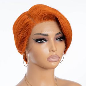 Peluca de <span class=keywords><strong>Cabello</strong></span> Humano Remy Chino Naranja Jengibre para Mujer, Corta <span class=keywords><strong>con</strong></span> Parte Lateral y Encaje HD - Product Image 1