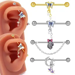 NUORO 14G 외과 강철 나비 문 스타 체인 산업용 바벨 연골 나선 스터드 피어싱 초승달 산업용 귀걸이