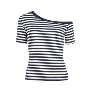 Maglietta a righe bianche e nere manica corta <span class=keywords><strong>monospalla</strong></span> 4 colori estate maglietta a righe Slim Fit da donna - Product Image 4