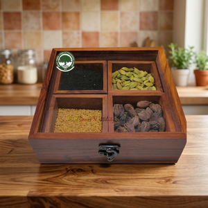 RIKSH Wooden Masala Box Rectangle Handmade Spice Storage With Glass Lid 4 Compartments Craft Gift Item - Product Image 3