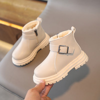 Bottes courtes d'hiver en peluche pour enfants, style britannique, bottes tendance pour garçons, bottes chaudes en coton à semelle souple pour filles, avec boucle
