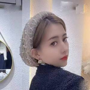 YASEEN Women's Ethnic <b>Hat</b> with Long Tail, Velvet Mesh Flower Cap, Pearl Headscarf, Muslim Headwear - Product Image 5