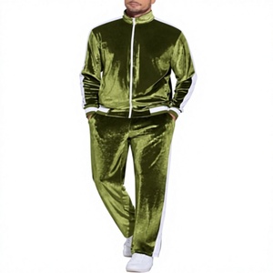 Men's Green Velvet Tracksuit Full <b>Zip</b> <b>Jogger</b> Set Casual Sportswear Regular Fit Polyester Material Solid Color Side <b>Pockets</b> - Product Image 1