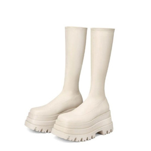 Bottes hautes pour femmes à double couche, bout carré, semelle épaisse, talons compensés sur plateforme haute, bottines longues - Product Image 6
