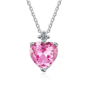 Romantic Pink Zircon Heart Pendant Fashionable Jewelry Love Silver Pendant Necklace For Women
