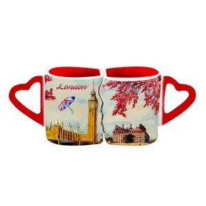 Ceramic London mugs Love shaped as love hearts outside With London icons and landmarks beautifully themed inside red cup