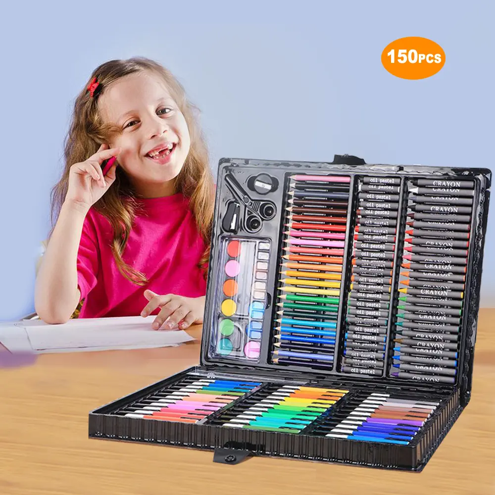 150 pièces enfants Kit de dessin enfants peinture Art ensemble stylos aquarelle crayon de couleur pastels à l'huile aquarelle peinture Art boîte