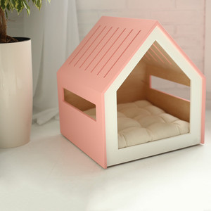 Tempat tidur rumah anjing terbuka kayu merah muda dalam ruangan kandang hewan rumah anjing kucing anjing kayu rumah hewan peliharaan dalam ruangan - Product Image 1