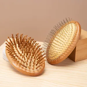 Doğal ahşap bambu tarak yumuşak Detangling saç baş masaj aleti fırça yuvarlak ahşap saç büyüme için saç düzleştirici fırça