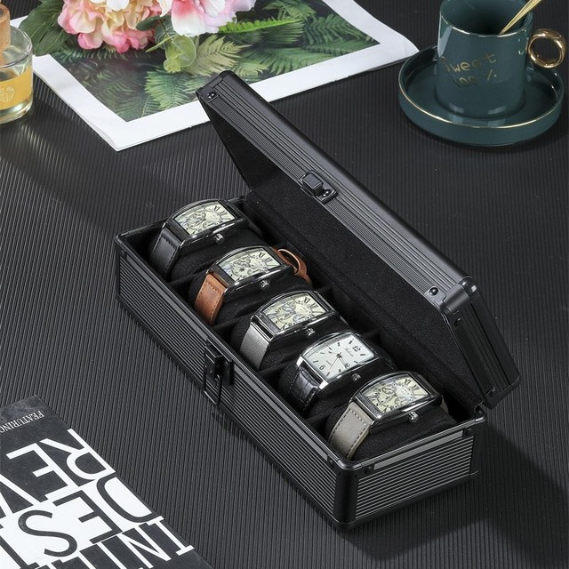 Portable Display Packaging Aluminum Alloy 5 Slots Watch Case with Waterproof and Dust-Proof Storage Carrying Box