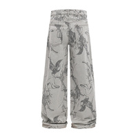 Jeans en denim pour hommes en gros, coupe large, imprimé floral et oiseaux, baggy, personnalisé, imprimé numérique, streetwear