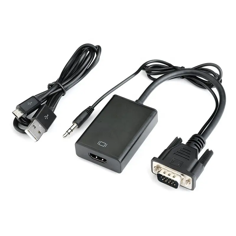 Kabel Adaptor Konverter 15 Pin VGA Pria Wanita, Kabel Adaptor Full HD 1080P dengan Audio dan Daya Mikro USB VGA Kabel HDMI
