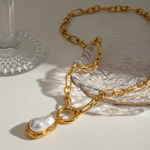 Collier en acier inoxydable avec perles artificielles, style européen et américain, plaqué or 18 carats, finition brillante, pour femme - Product Image 3