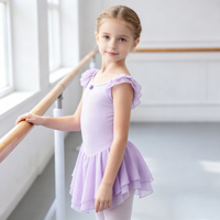 Justaucorps de danse pour filles avec manches à volants et jupe en mousseline double couche, robe en coton respirant pour l'entraînement des enfants