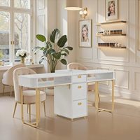 Table de manucure HONGZI double poste avec tiroirs de rangement intégrés, ports AC/USB, pour salon de beauté moderne, compatible acétone