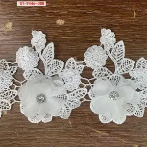 Multi-Color Flower Embroidery Lace Border with Rhinestones and Pearls 3D Chemical Lace Border for Clothing Decorative