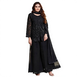 black Embroidered <b>Kurta</b> Set With Palazzo Pants And Dupatta Traditional <b>Indian</b> Pakistani Women's Loose Fit Casual Wear - Product Image 1