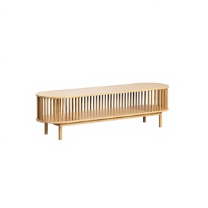Meuble <span class=keywords><strong>TV</strong></span> ovale en bambou, console multimédia moderne à lattes, <span class=keywords><strong>banc</strong></span> de rangement multifonctionnel et table basse - Product Image 1