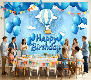 Toile de fond d'anniversaire ballon à air chaud bleu, fond photo ours mignon volant dans les nuages pour le premier anniversaire des garçons, décoration de baby shower - Product Image 3