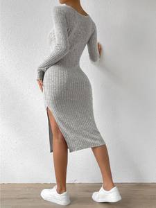 Vestido Jacquard de Manga Larga con Cuello Cuadrado y Abertura Lateral, Estilo Europeo y Americano, Nuevo y Popular para Otoño e Invierno - Product Image 5