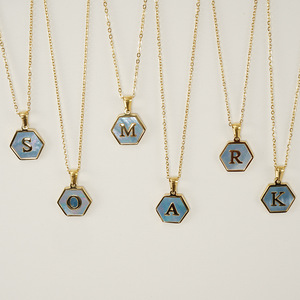 Zogxin Hexagon Pendant Necklace Stainless Steel Blue Shell Letter <b>Initial</b> Jewelry For Women - Product Image 2