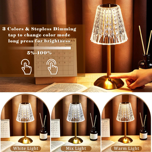 Touch Control Cordless Portable Rechargeable <b>Table</b> Lamp 3 Color Stepless Dimmable Battery Powered Crystal Night <b>Light</b> Desk Lamps - Product Image 3
