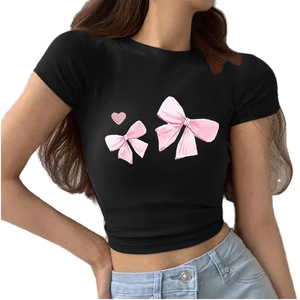 Lightweight Breathable Loose Summer Sweet Jersey <b>Print</b> Stand Collar Short-sleeved Crop Top T-shirt - Product Image 1