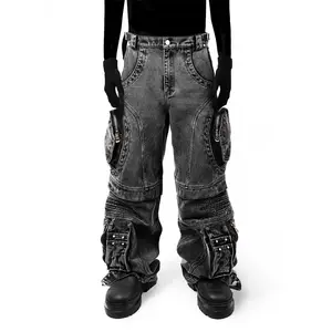 2024 mode retro cargo stil mehrfachtaschen jeans weites bein gewaschen dreidimensionale schnitt hose lässig denim hosen