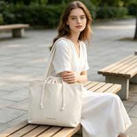 Sac fourre-tout en toile de coton beige uni ZHPFACTORY, sac de shopping réutilisable OEM, grand sac de courses avec fermeture à cordon