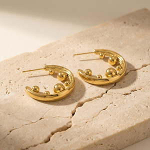 Gold Plated Hoop Earrings with Ball Design for Women Trendy Alloy Jewelry - Product Image 1