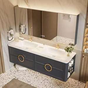 Meuble-lavabo de salle de bain moderne sur mesure avec double vasque, miroir à cadre argenté, vasque en céramique, panneau en mélamine, finition laquée – Fabrication chinoise - Product Image 4