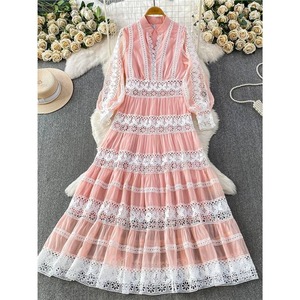 Women's Vintage Lace Trim Mini Dress Sleeveless Stand Collar Gathered Waist Tiered Ruffle <b>Skirt</b> Solid <b>Chiffon</b> Party Wear - Product Image 2