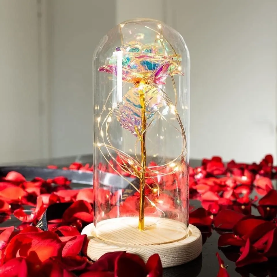 W-1189 venta al por mayor de la fábrica de luz LED 24k oro Galaxy Rosa Flor de cúpula de vidrio
