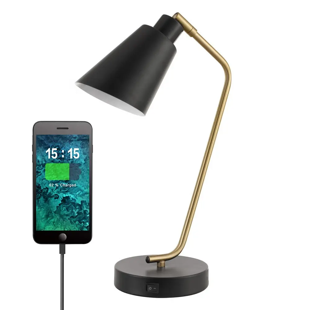 JLT-9411 Matte Black Antique Brass Accent Task Table Lamp with Fast Charging USB Port