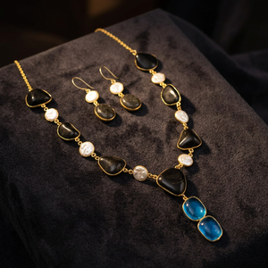 Vintage Brass Necklace Earring <b>Set</b> Natural Stone Imitation <b>Pearl</b> Bezel Setting for Women's Wedding Engagement Party Gift <b>Jewelry</b> - Product Image 1