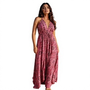 Robe longue bohème en mousseline de soie tissée à motif floral, col en V, coupe trapèze, sans manches, avec lien à nouer sur le devant, taille naturelle, idéale pour les vacances, qualité supérieure - Product Image 1